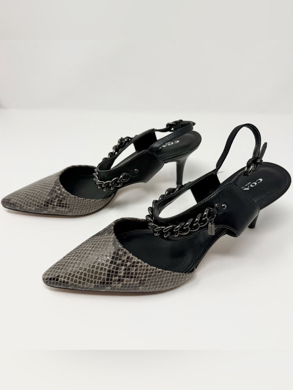 NWOT Coach Garland Slingback Heels Snake-Print with Chain Detail Size 8.5